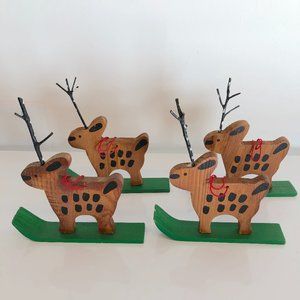 SET/4 Hand-Painted Wood Reindeer on Skis Ornaments